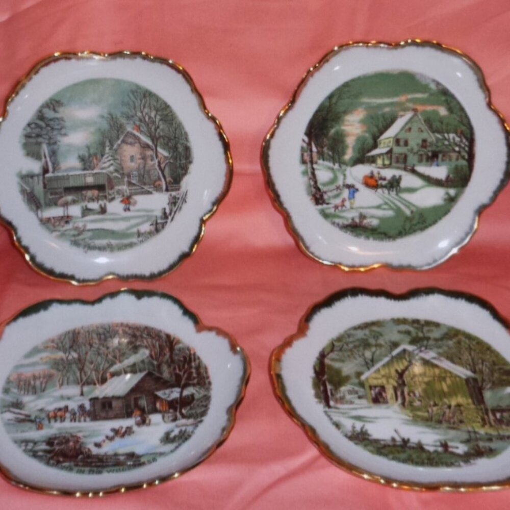 CURRIER & IVES 4 PIECE SET WINTER SERIES-PORCELAIN W/18K GOLD TRIM-GIFTABLE!